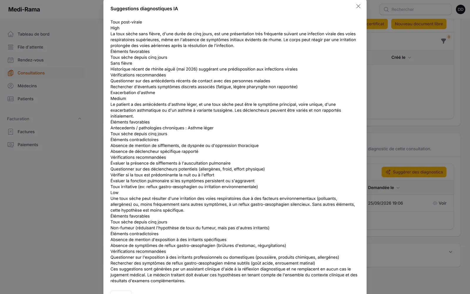 Aide au diagnostic par IA dans une consultation MediRama (données fictives).