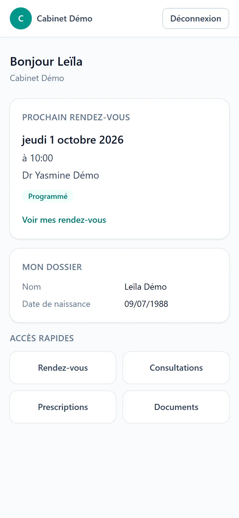 Portail patient MediRama sur mobile : rendez-vous, ordonnances et documents (données fictives).